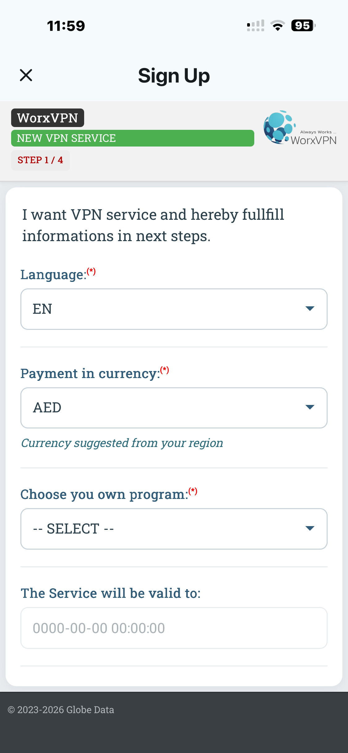 WorxVPN Sign Up screen